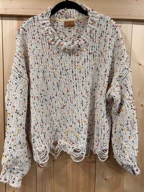 POL Clothing Chunky Distressed Rainbow Confetti Knit Sweater - Cream/Multi, Sm